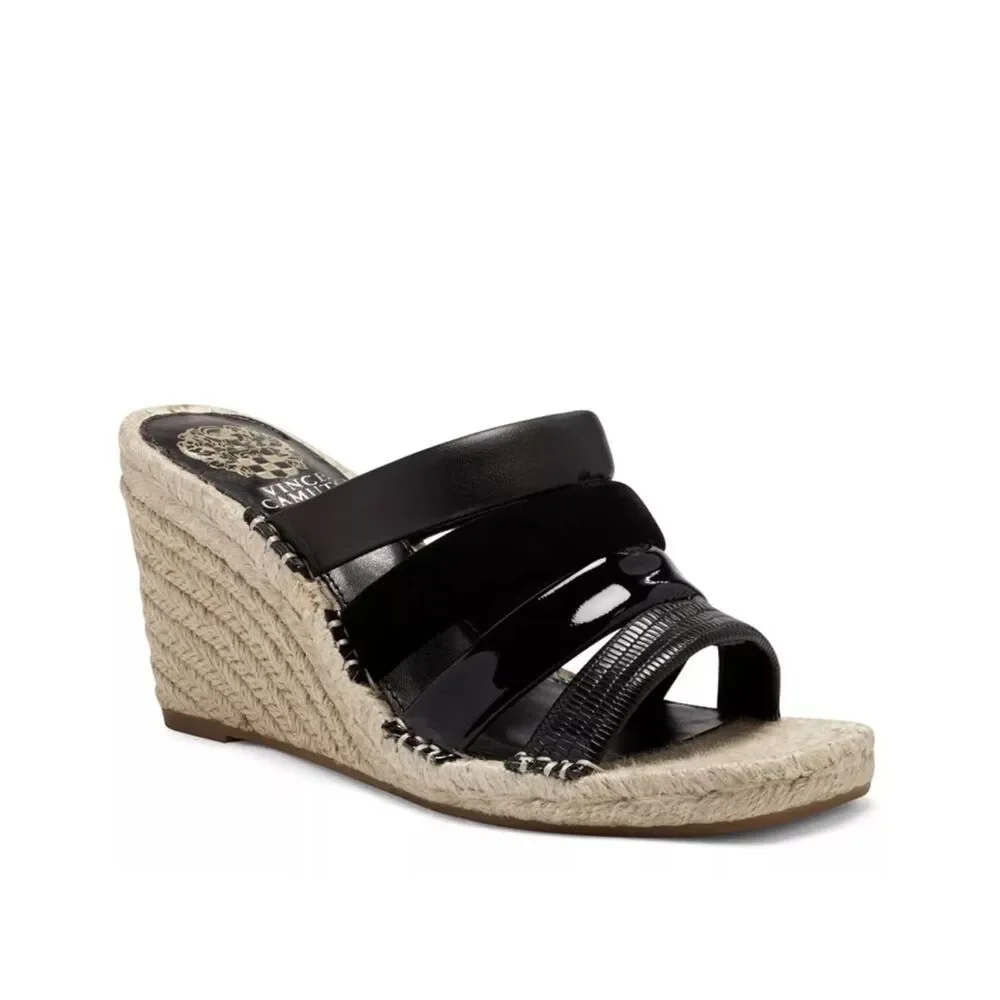 Vince Camuto Molisana Black Leather Espadrille Wedge Puffed Strap Slide 8